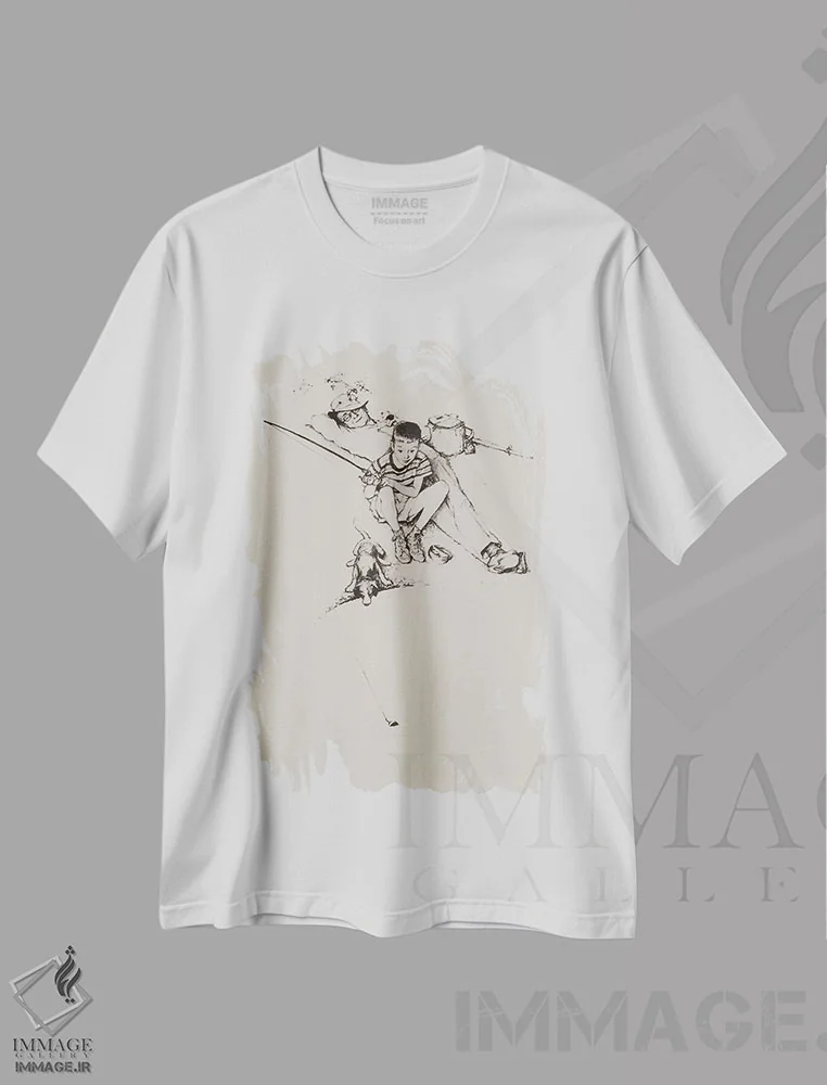 تیشرت سفید طرح دار پدربزرگ و پسربچه در حال ماهیگیری، هنر فاخر کلاسیک اثر نورمن راکول | فروشگاه ایماژ