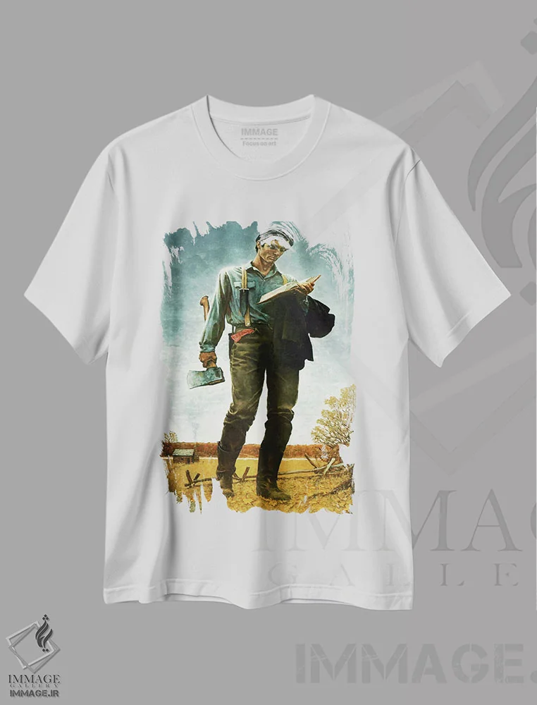 تیشرت سفید طرح دار لینکلن هیزم شکن، دکور آمریکایی اثر نورمن راکول | فروشگاه ایماژ
