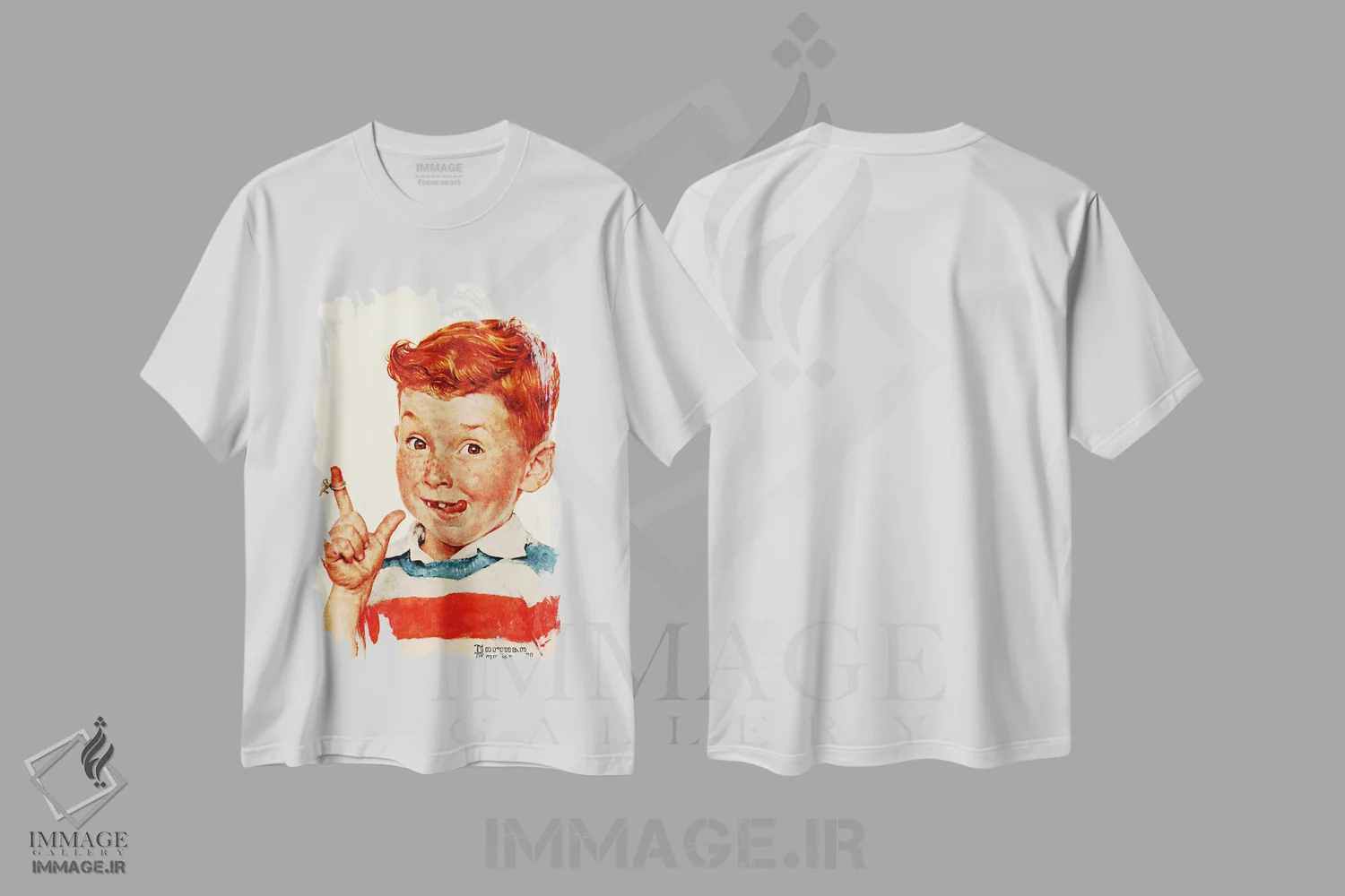 تیشرت سفید طرح دار پسر با نخ، هنر فاخر کلاسیک اثر نورمن راکول | فروشگاه ایماژ