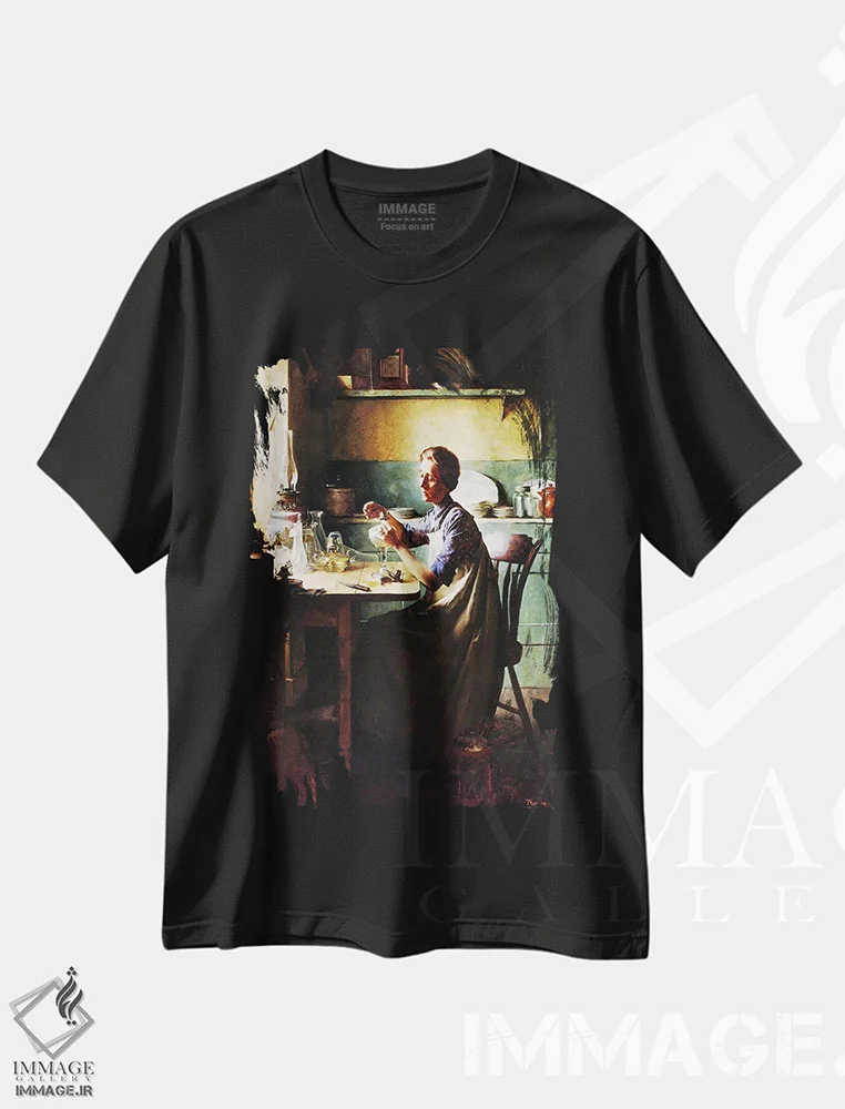 تیشرت مشکی طرح دار ولی با یک لمس انگشت نور خواهید داشت، هنر فاخر کلاسیک اثر نورمن راکول | immage.ir