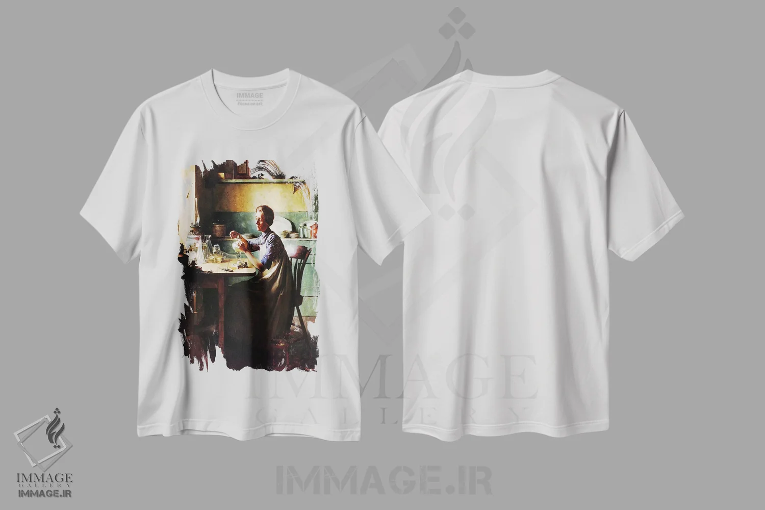 تیشرت سفید طرح دار ولی با یک لمس انگشت نور خواهید داشت، هنر فاخر کلاسیک اثر نورمن راکول | فروشگاه ایماژ