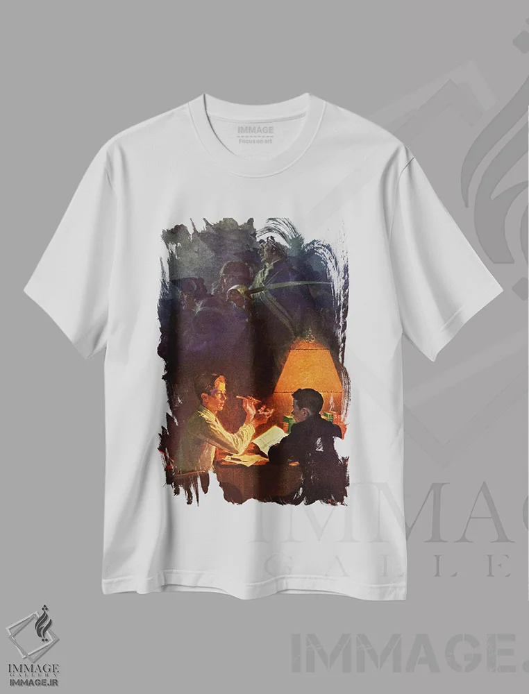 تیشرت سفید طرح دار ایتن آلن و پسران کوه سبزش، هنر فاخر کلاسیک اثر نورمن راکول | فروشگاه ایماژ