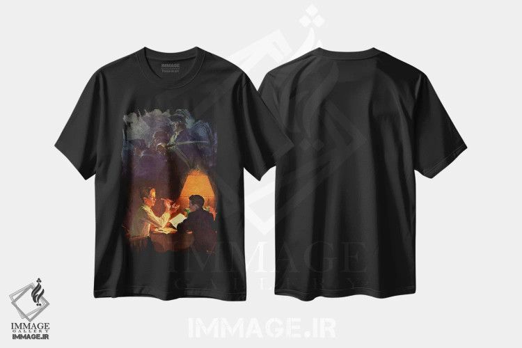 تیشرت مشکی طرح دار ایتن آلن و پسران کوه سبزش، هنر فاخر کلاسیک اثر نورمن راکول | immage.ir
