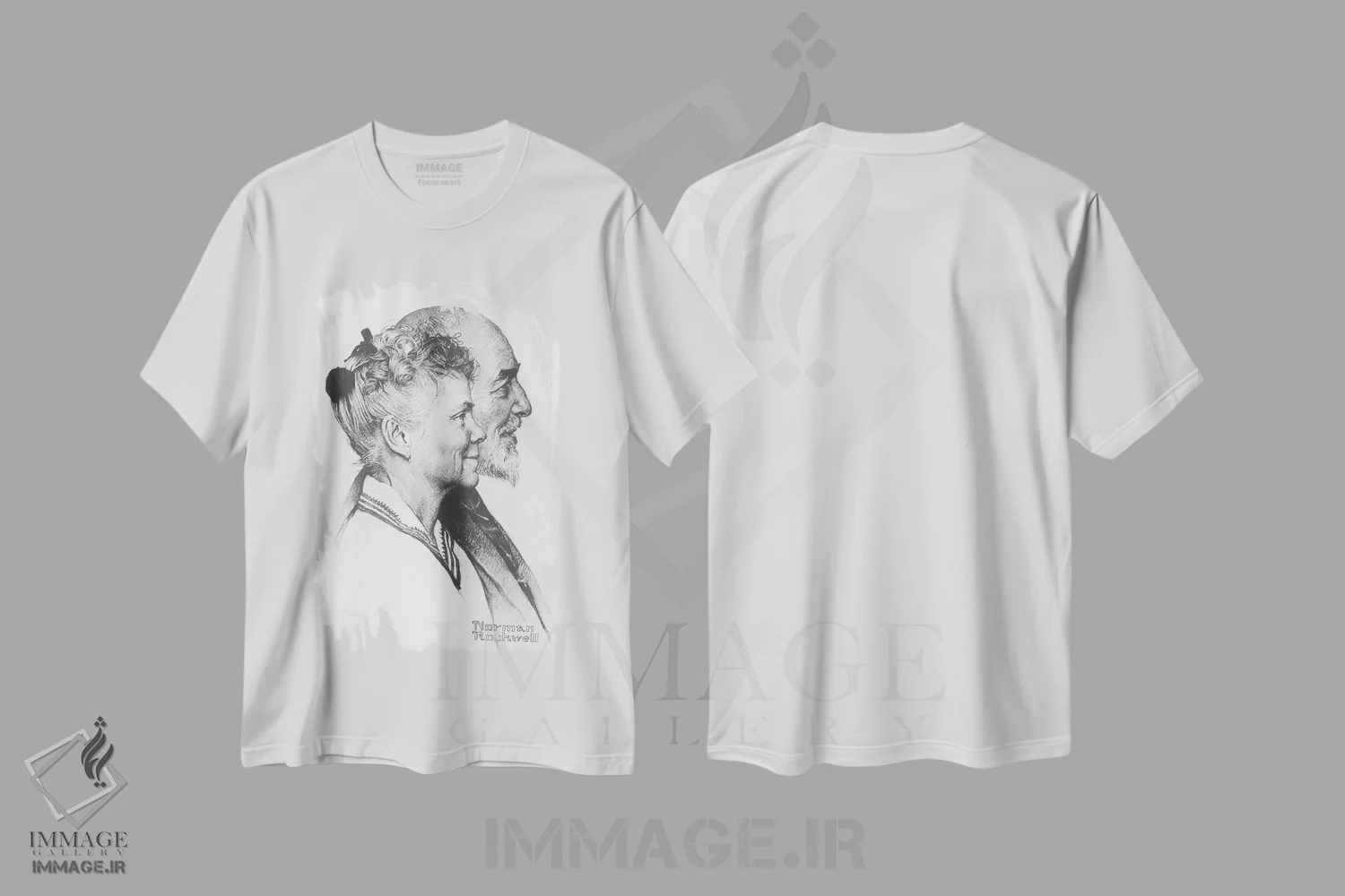 تیشرت سفید طرح دار پرتره جان و دوروتی کَنفیلد فیشر، هنر فاخر کلاسیک اثر نورمن راکول | immage.ir