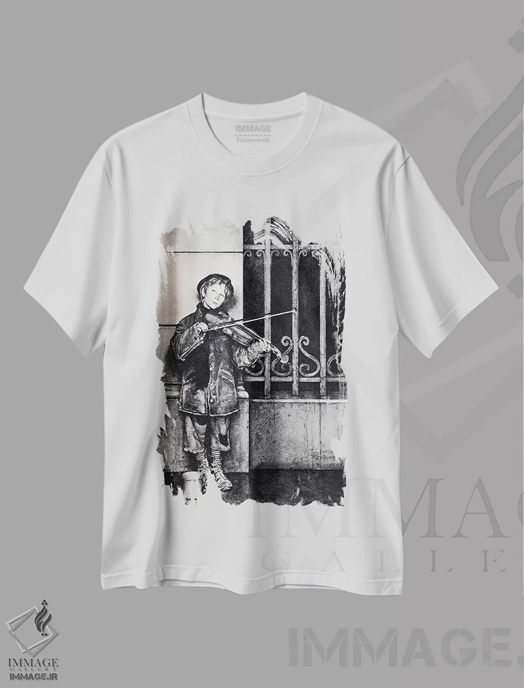 تیشرت سفید طرح دار فیل نوازنده ویولن، هنر فاخر کلاسیک اثر نورمن راکول | فروشگاه ایماژ