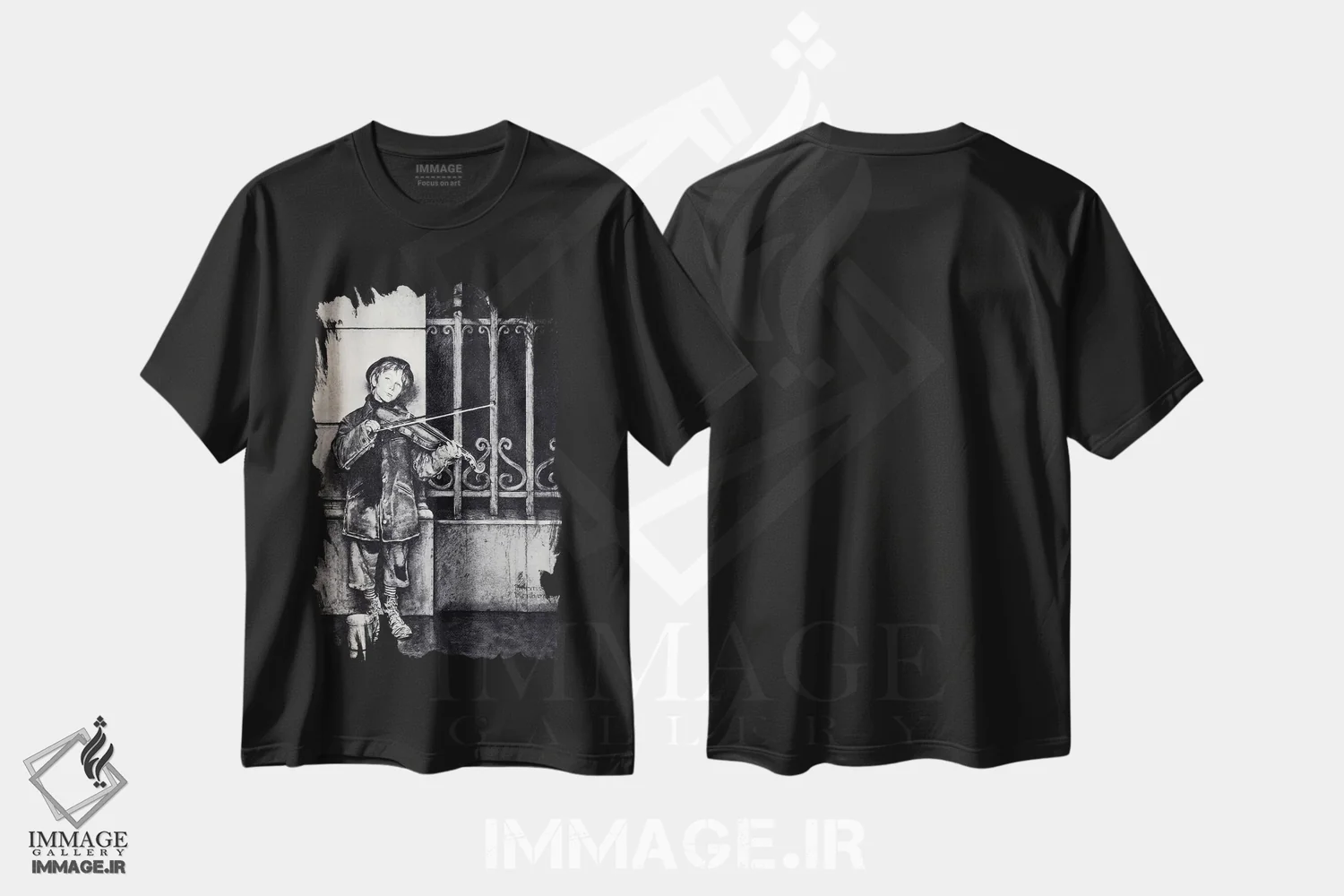 تیشرت مشکی طرح دار فیل نوازنده ویولن، هنر فاخر کلاسیک اثر نورمن راکول | immage.ir