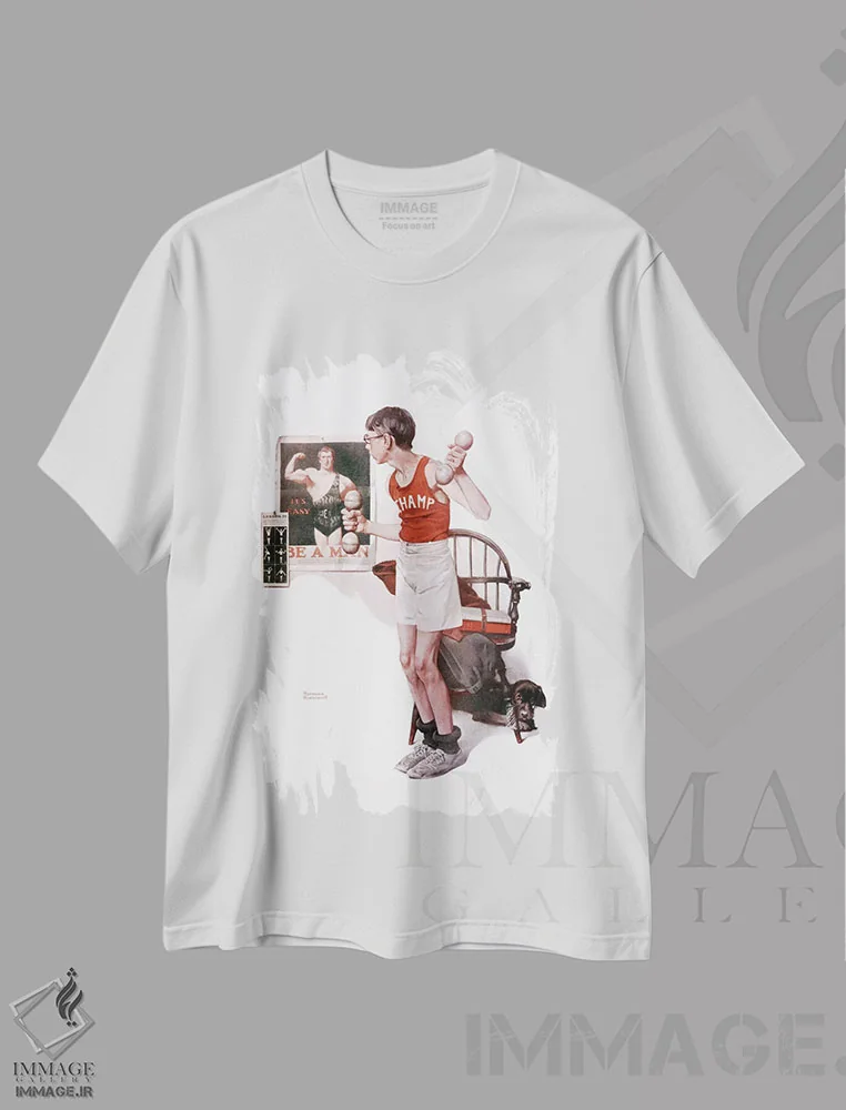 تیشرت سفید طرح دار پسر در حال وزنه برداری، هنر فاخر کلاسیک اثر نورمن راکول | immage.ir