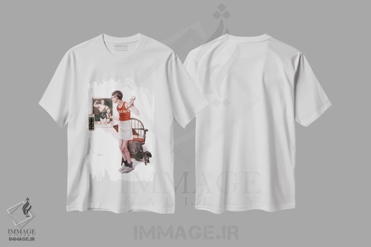 تیشرت سفید طرح دار پسر در حال وزنه برداری، هنر فاخر کلاسیک اثر نورمن راکول | immage.ir