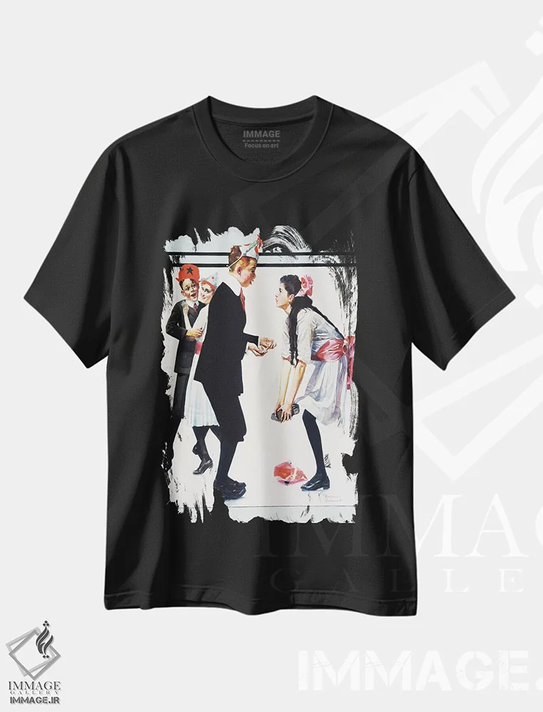 تیشرت مشکی طرح دار کودکان در حال رقص در مهمانی، هنر فاخر کلاسیک اثر نورمن راکول | immage.ir