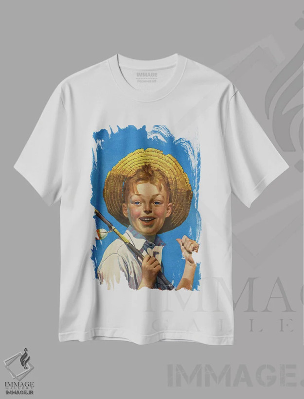 تیشرت سفید طرح دار پسر با چوب ماهیگیری، هنر فاخر کلاسیک اثر نورمن راکول | فروشگاه ایماژ