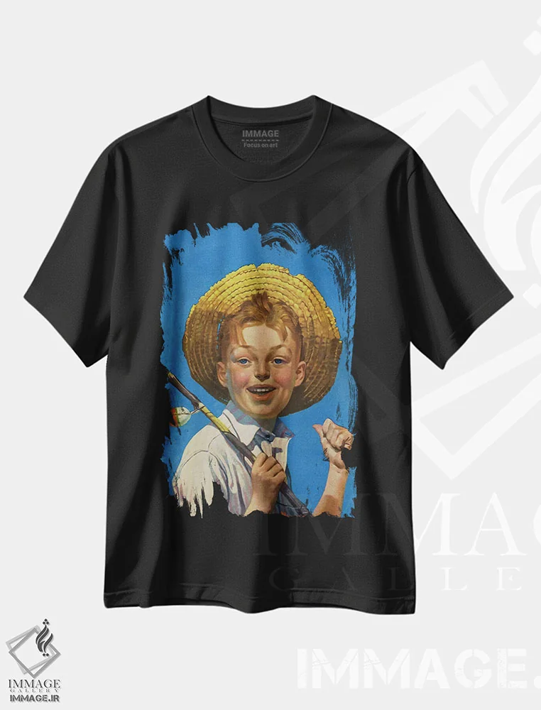 تیشرت مشکی طرح دار پسر با چوب ماهیگیری، هنر فاخر کلاسیک اثر نورمن راکول | immage.ir