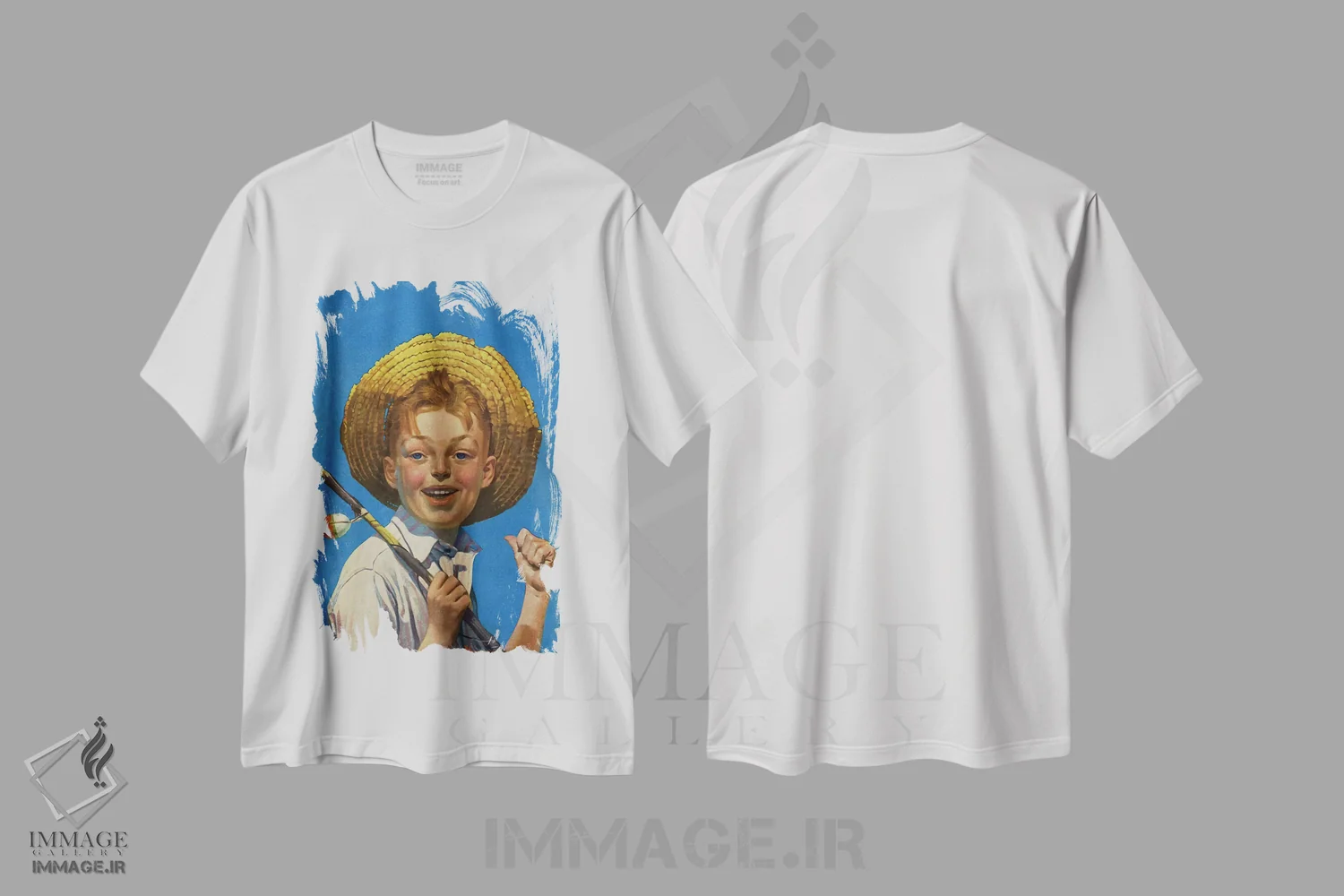 تیشرت سفید طرح دار پسر با چوب ماهیگیری، هنر فاخر کلاسیک اثر نورمن راکول | فروشگاه ایماژ