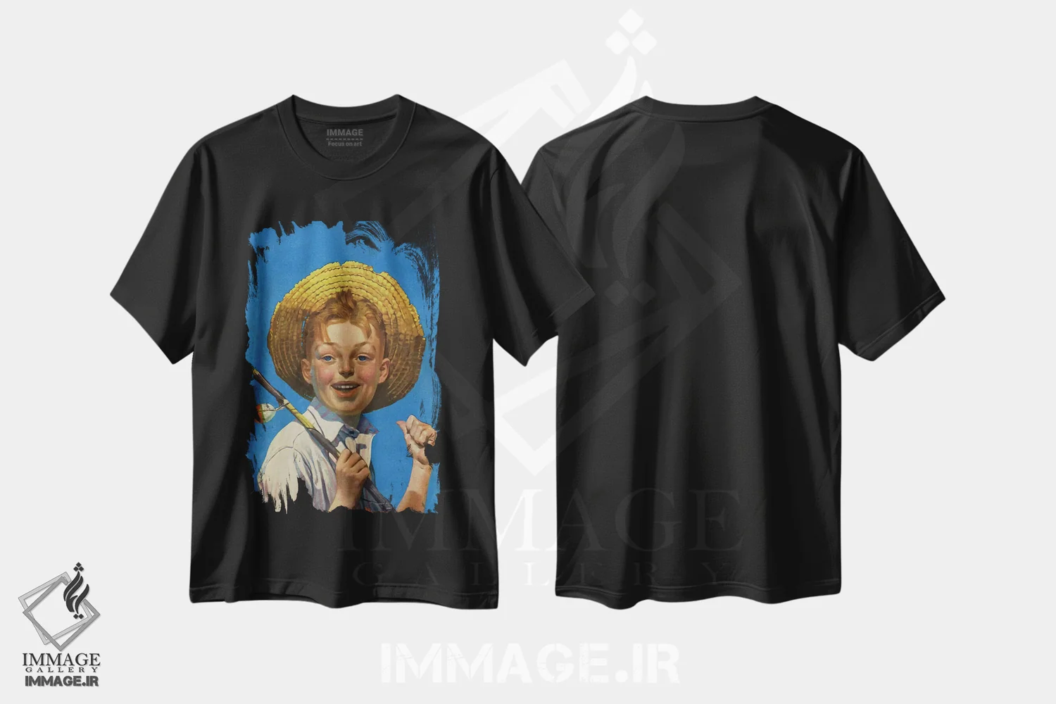 تیشرت مشکی طرح دار پسر با چوب ماهیگیری، هنر فاخر کلاسیک اثر نورمن راکول | immage.ir