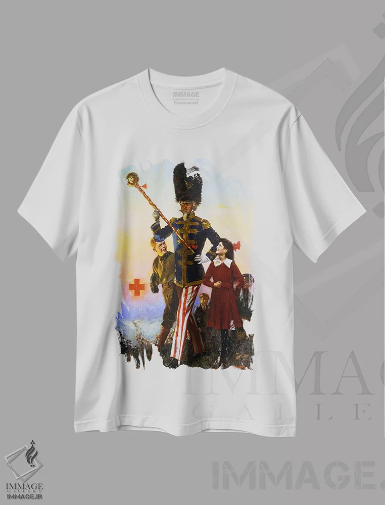 تیشرت سفید طرح دار عمو سام در حال رژه با کودکان، دکور آمریکایی اثر نورمن راکول | فروشگاه ایماژ