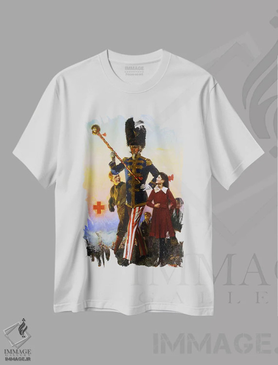 تیشرت سفید طرح دار عمو سام در حال رژه با کودکان، دکور آمریکایی اثر نورمن راکول | فروشگاه ایماژ