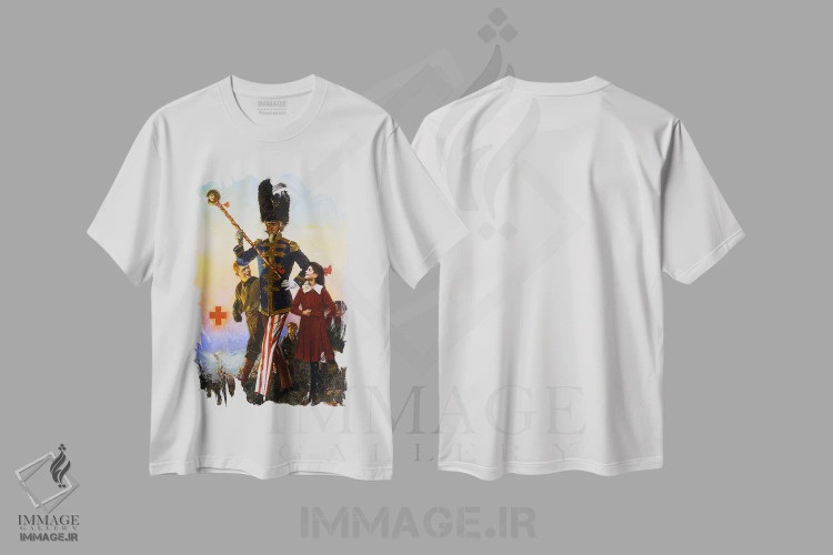 تیشرت سفید طرح دار عمو سام در حال رژه با کودکان، دکور آمریکایی اثر نورمن راکول | فروشگاه ایماژ