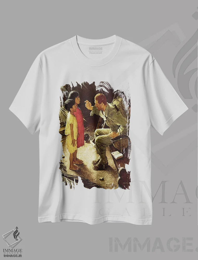 تیشرت سفید طرح دار بر فراز سرزمین آزادگان، هنر فاخر کلاسیک اثر نورمن راکول | immage.ir