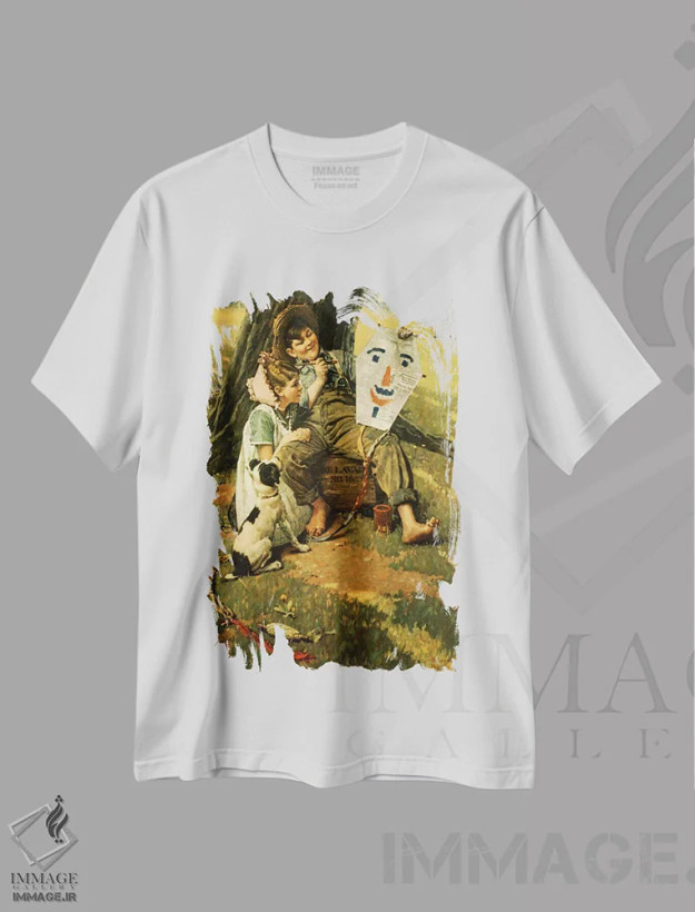 تیشرت سفید طرح دار پسر و دختر کشاورز نشسته روی جعبه، هنر فاخر کلاسیک اثر نورمن راکول | فروشگاه ایماژ