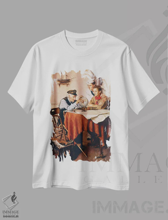 تیشرت سفید طرح دار پیش آهنگان مسیرهای مختلف، دکور آمریکایی اثر نورمن راکول | فروشگاه ایماژ