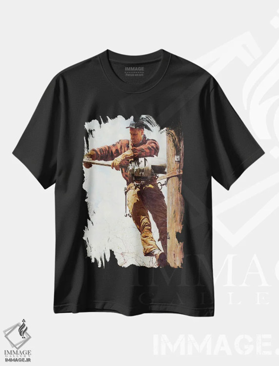 تیشرت مشکی طرح دار نیروکار خطوط برق، هنر فاخر کلاسیک اثر نورمن راکول | immage.ir