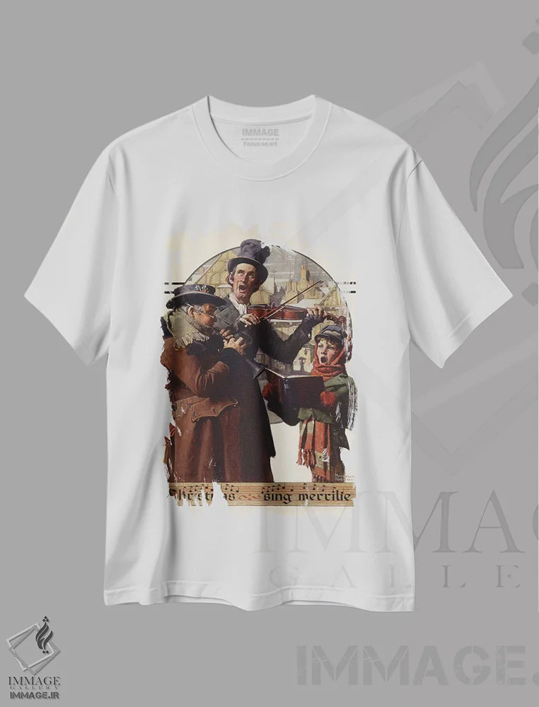 تیشرت سفید طرح دار سه نفرهٔ کریسمس، هنر فاخر کلاسیک اثر نورمن راکول | فروشگاه ایماژ