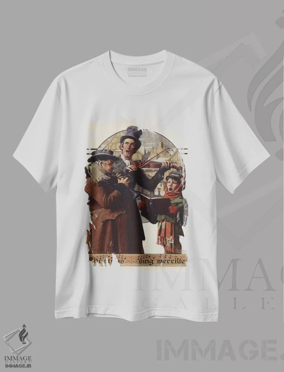 تیشرت سفید طرح دار سه نفرهٔ کریسمس، هنر فاخر کلاسیک اثر نورمن راکول | فروشگاه ایماژ