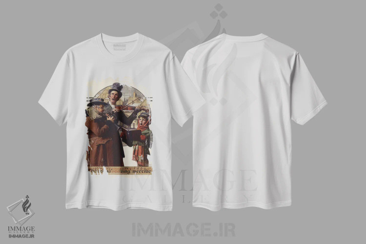 تیشرت سفید طرح دار سه نفرهٔ کریسمس، هنر فاخر کلاسیک اثر نورمن راکول | فروشگاه ایماژ