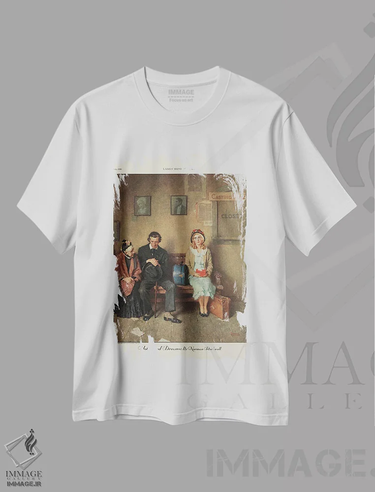 تیشرت سفید طرح دار خواب ها و آرزوهای هالیوود، هنر فاخر کلاسیک اثر نورمن راکول | immage.ir