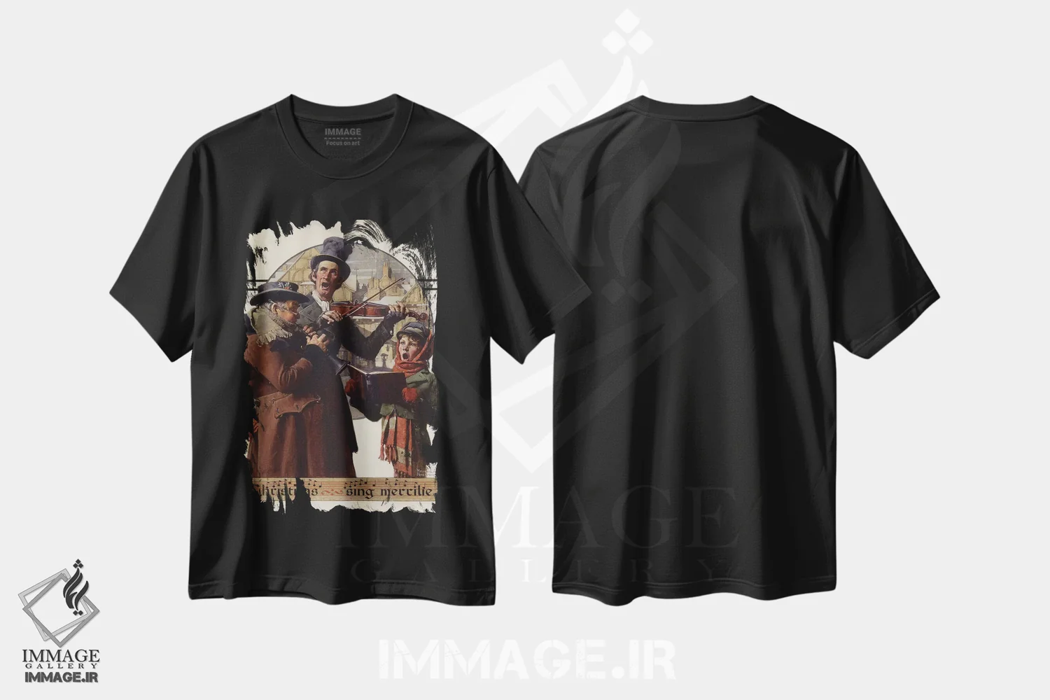 تیشرت مشکی طرح دار سه نفرهٔ کریسمس، هنر فاخر کلاسیک اثر نورمن راکول | immage.ir