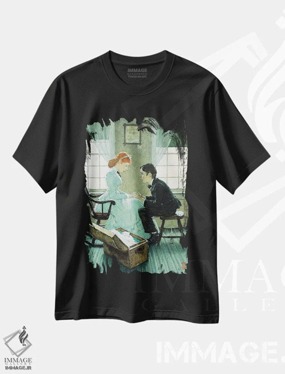 تیشرت مشکی طرح دار هاک در حال صحبت با مری جین، هنر فاخر کلاسیک اثر نورمن راکول | فروشگاه ایماژ