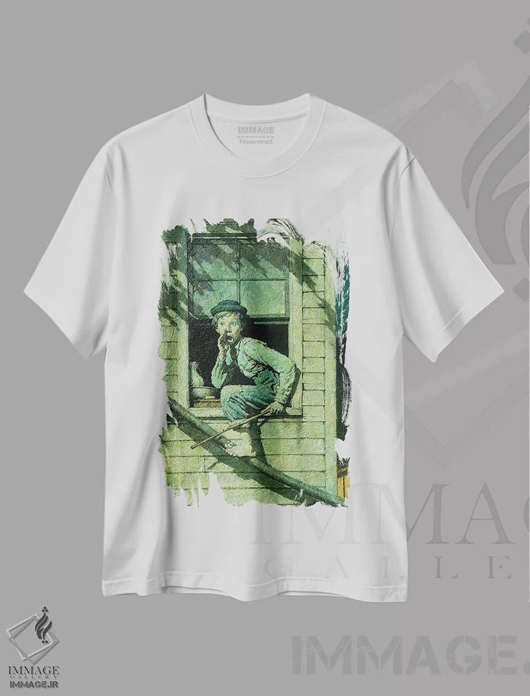 تیشرت سفید طرح دار تام سایر یواشکی از پنجره بیرون می رود، هنر فاخر کلاسیک اثر نورمن راکول | immage.ir