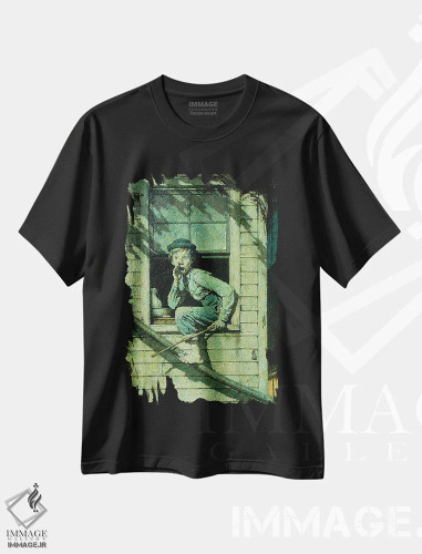 تیشرت مشکی طرح دار تام سایر یواشکی از پنجره بیرون می رود، هنر فاخر کلاسیک اثر نورمن راکول | فروشگاه ایماژ