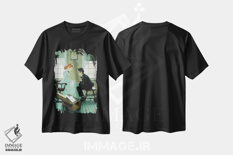 تیشرت مشکی طرح دار هاک در حال صحبت با مری جین، هنر فاخر کلاسیک اثر نورمن راکول | فروشگاه ایماژ