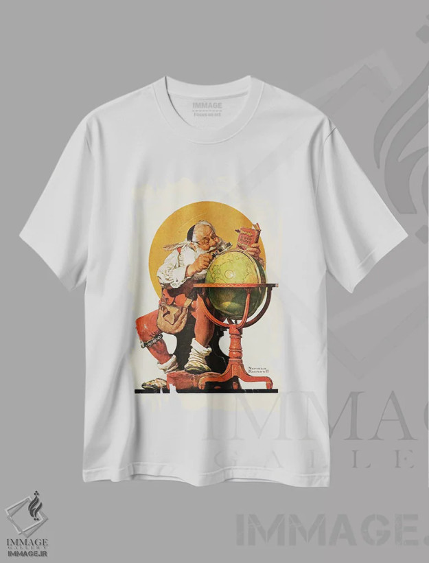تیشرت سفید طرح دار بابانوئل در حال بررسی کرهٔ زمین، هنر فاخر کلاسیک اثر نورمن راکول | فروشگاه ایماژ