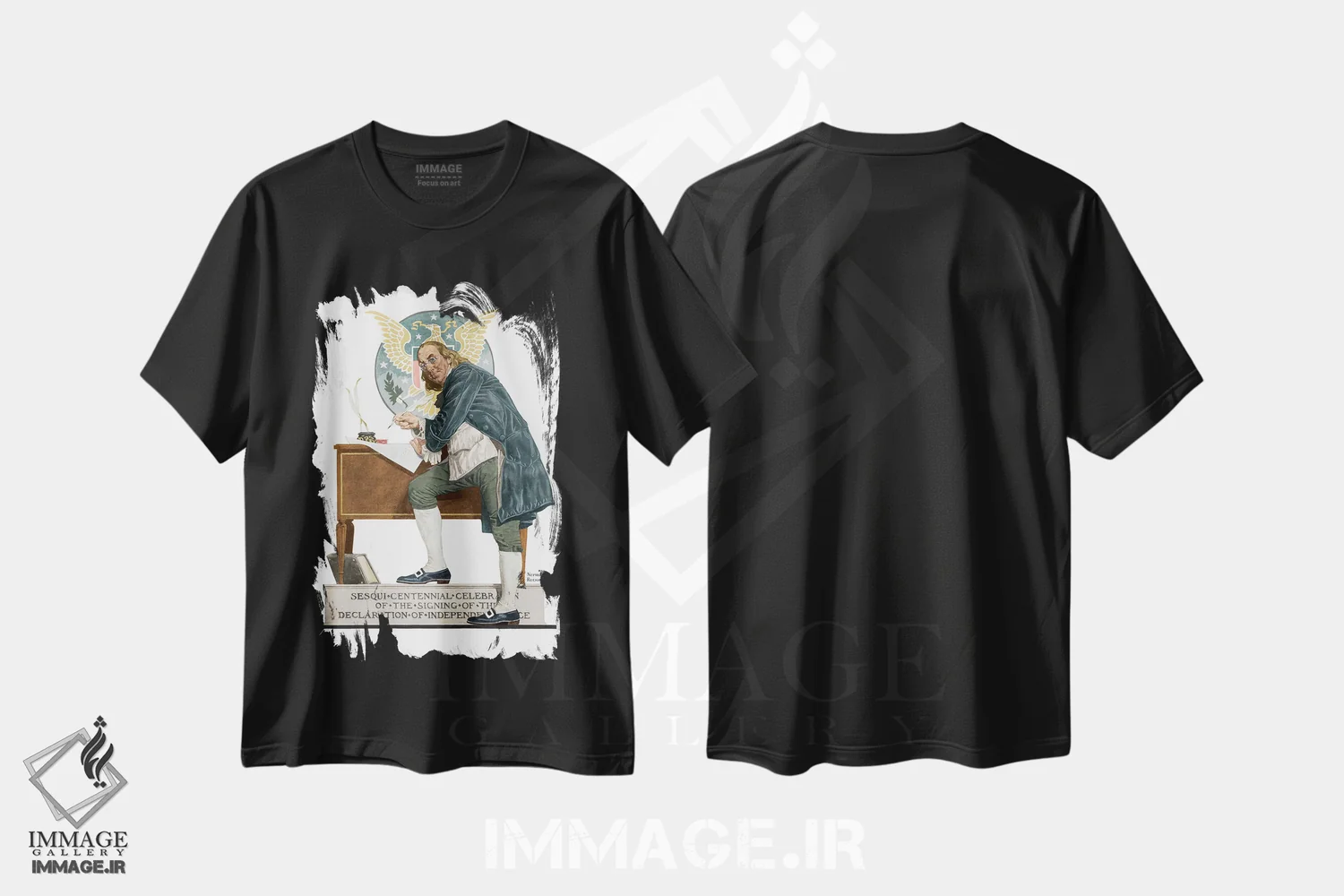 تیشرت مشکی طرح دار صد و پنجاهمین سالگرد بنجامین فرانکلین، هنر فاخر کلاسیک اثر نورمن راکول | فروشگاه ایماژ