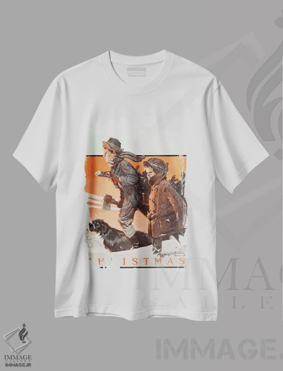 تیشرت سفید طرح دار کریسمس، هنر فاخر کلاسیک اثر نورمن راکول | immage.ir
