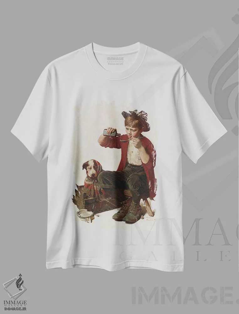 تیشرت سفید طرح دار توله سگ بیمار، هنر فاخر کلاسیک اثر نورمن راکول | immage.ir