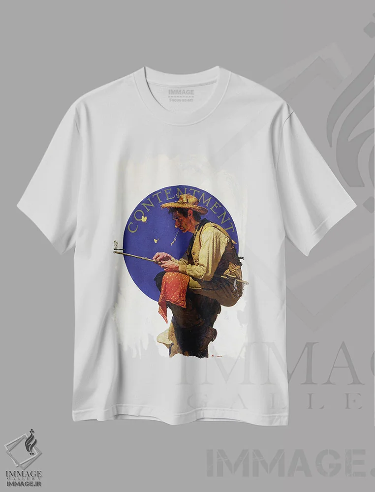 تیشرت سفید طرح دار مردی در حال ماهیگیری، هنر فاخر کلاسیک اثر نورمن راکول | immage.ir