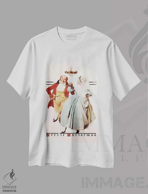 تیشرت سفید طرح دار زوج رقصان زیر دارواش، هنر فاخر کلاسیک اثر نورمن راکول | فروشگاه ایماژ