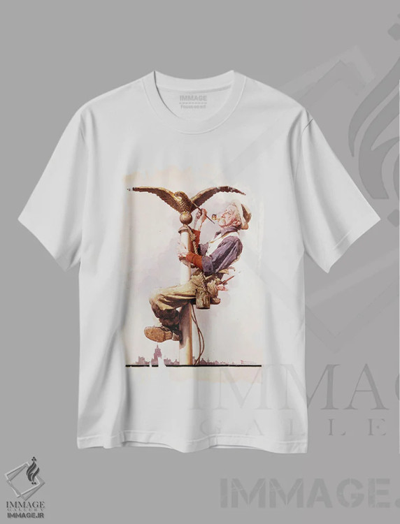 تیشرت سفید طرح دار رنگ آمیزی میله پرچم، هنر فاخر کلاسیک اثر نورمن راکول | فروشگاه ایماژ