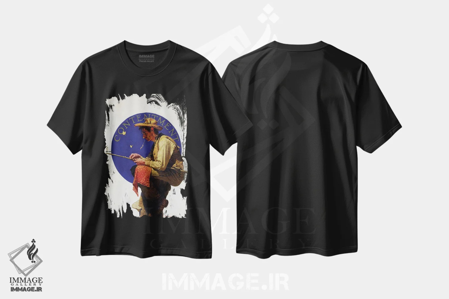 تیشرت مشکی طرح دار مردی در حال ماهیگیری، هنر فاخر کلاسیک اثر نورمن راکول | فروشگاه ایماژ