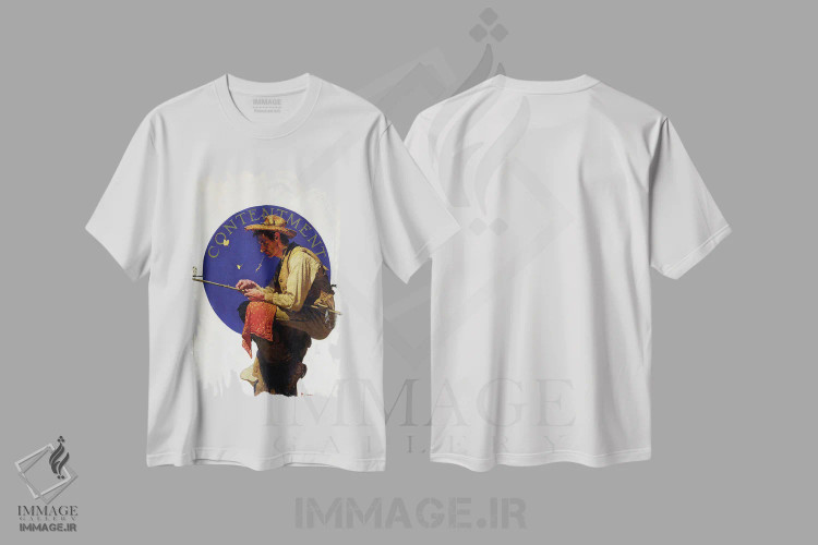 تیشرت سفید طرح دار مردی در حال ماهیگیری، هنر فاخر کلاسیک اثر نورمن راکول | immage.ir