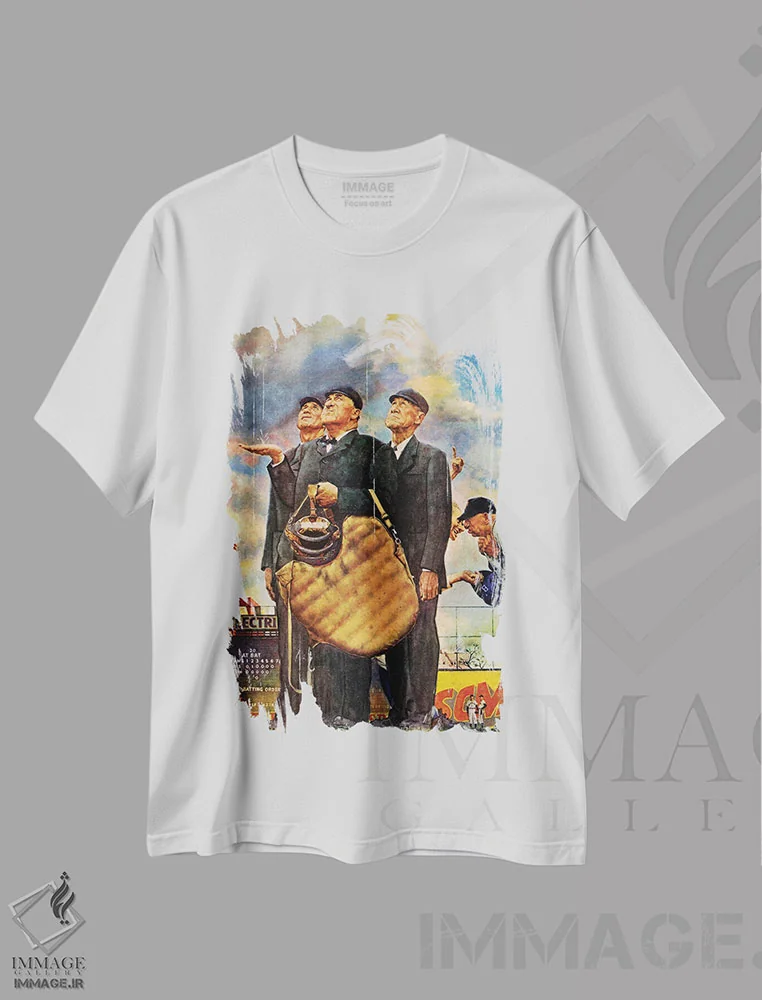 تیشرت سفید طرح دار پایان ششمین اینینگ، هنر فاخر کلاسیک اثر نورمن راکول | immage.ir
