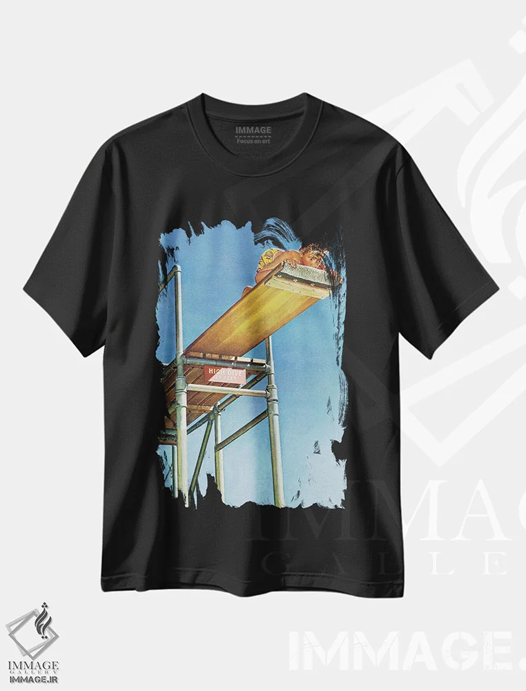 تیشرت مشکی طرح دار پسر روی تخته شیرجه بلند، هنر فاخر کلاسیک اثر نورمن راکول | immage.ir