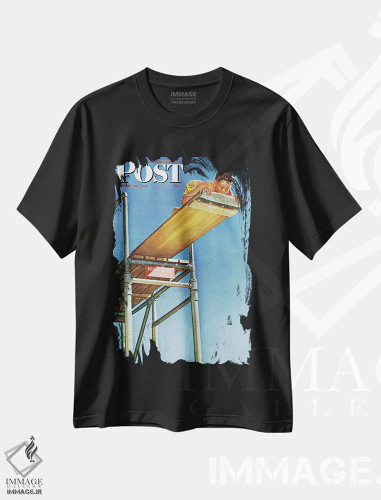 تیشرت مشکی طرح دار پسر روی تخته شیرجه بلند، هنر فاخر کلاسیک اثر نورمن راکول | فروشگاه ایماژ