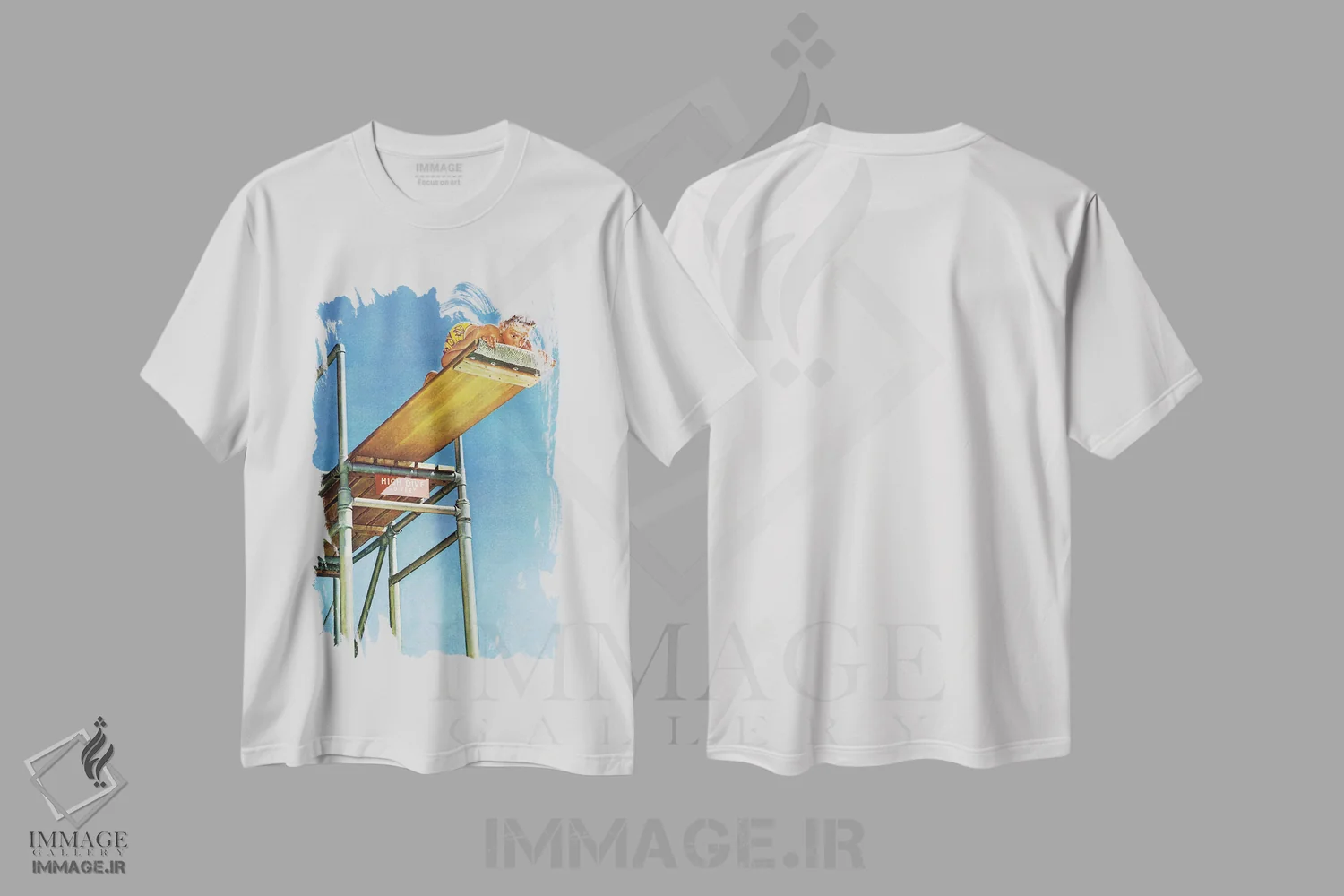 تیشرت سفید طرح دار پسر روی تخته شیرجه بلند، هنر فاخر کلاسیک اثر نورمن راکول | فروشگاه ایماژ