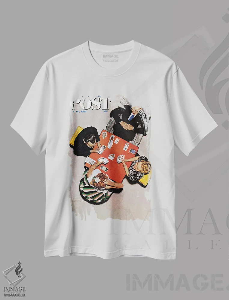 تیشرت سفید طرح دار بازی بریج، هنر فاخر کلاسیک اثر نورمن راکول | immage.ir