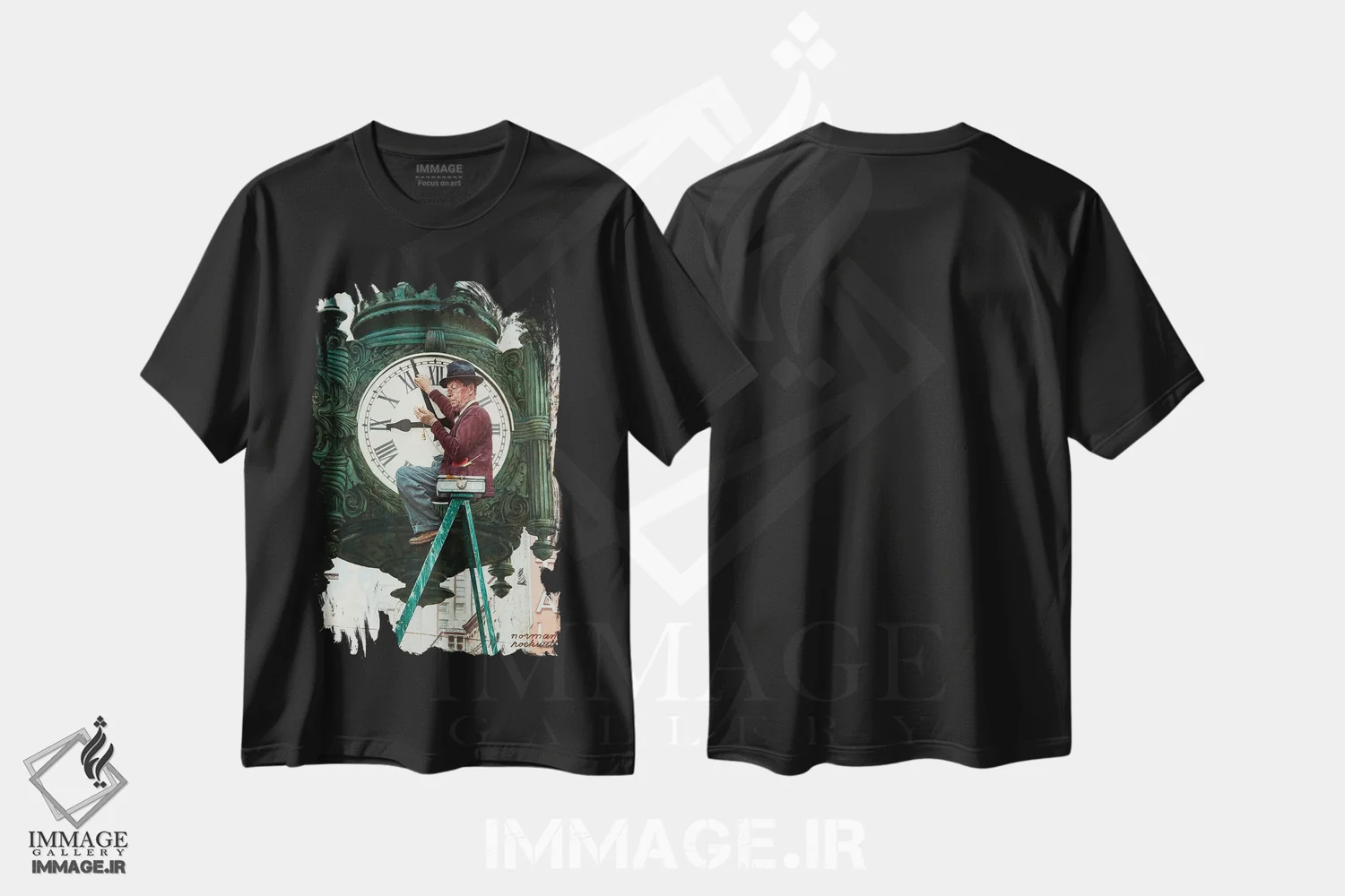 تیشرت مشکی طرح دار تعمیرکار ساعت، هنر فاخر کلاسیک اثر نورمن راکول | فروشگاه ایماژ