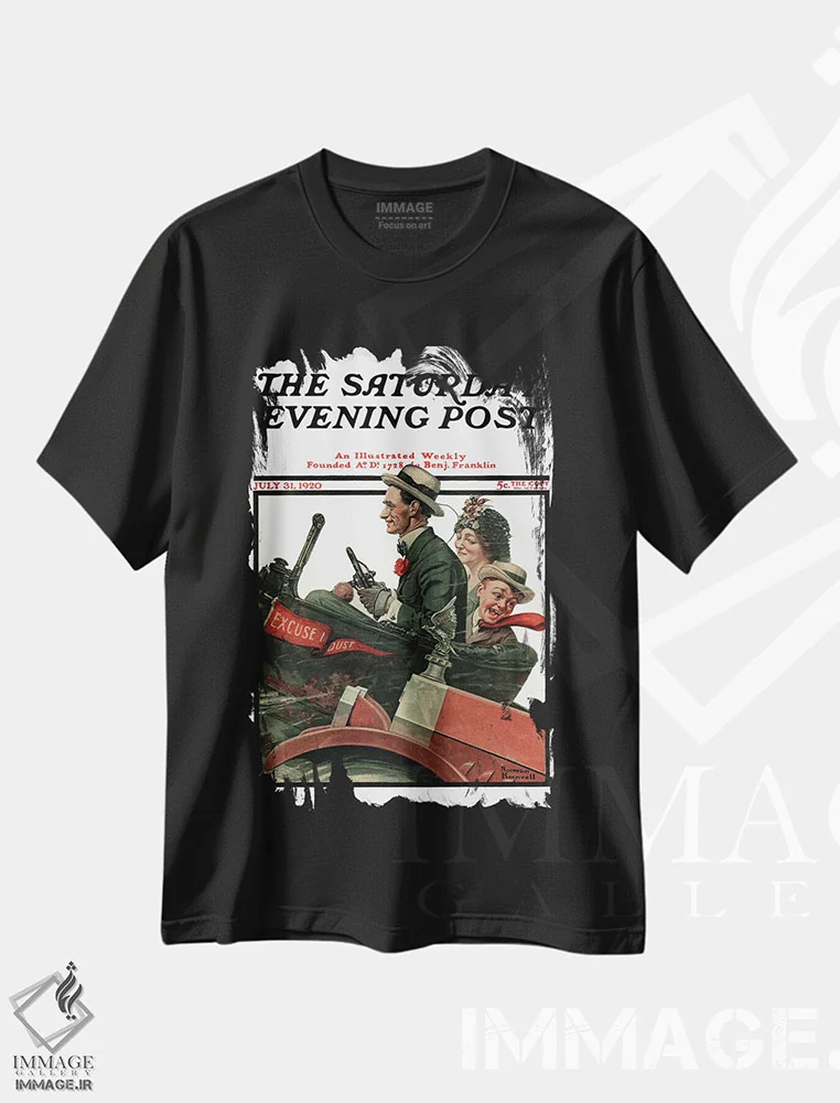 تیشرت مشکی طرح دار گرد و خاک مرا ببخشید، هنر فاخر کلاسیک اثر نورمن راکول | immage.ir