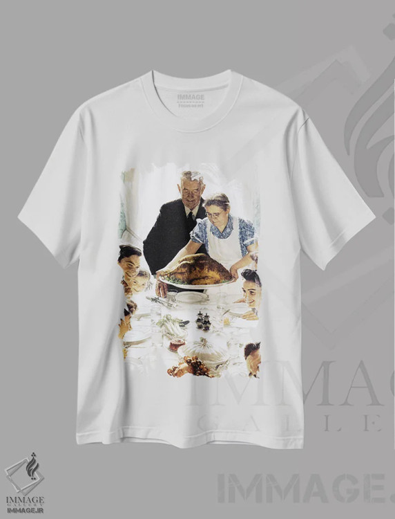 تیشرت سفید طرح دار آزادی از نیاز، هنر فاخر کلاسیک اثر نورمن راکول | immage.ir